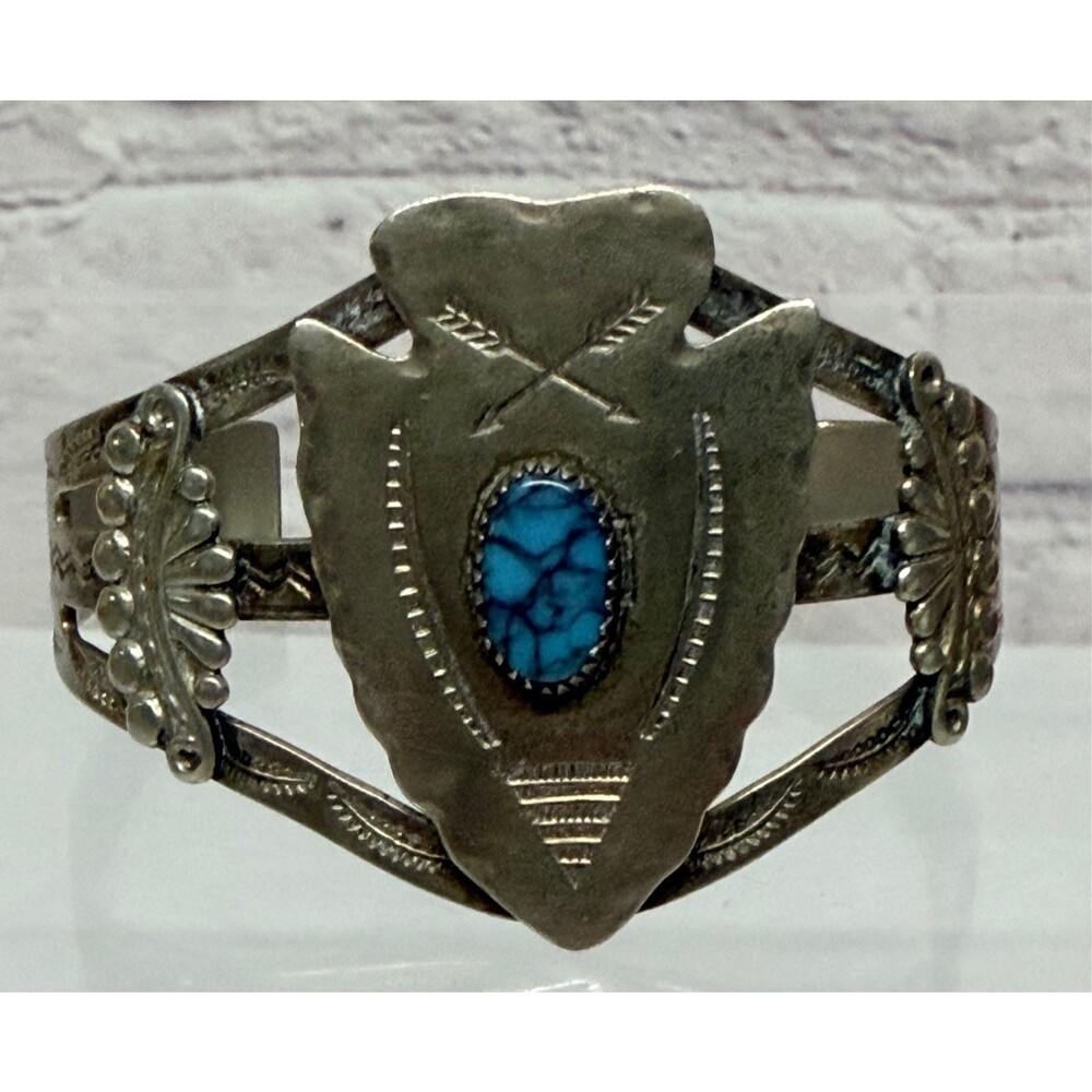 Veg Bell Trading Post Nickel Silver Arrowhead Turquoise Cuff Bracelet Native